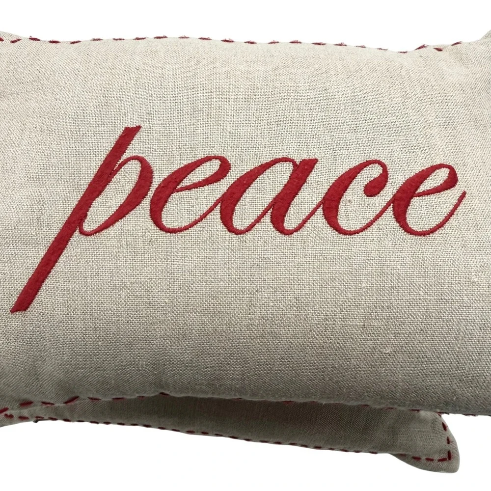 Pottery Barn Joy Peace Linen Christmas Pillows Set Red Embroidered 2009